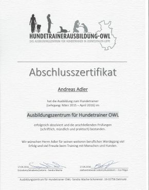 Zertifikat Ausbildungszentrum für Hundetrainer OWL