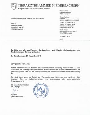 Zertifikat Tierärztekammer Niedersachsen TÄK